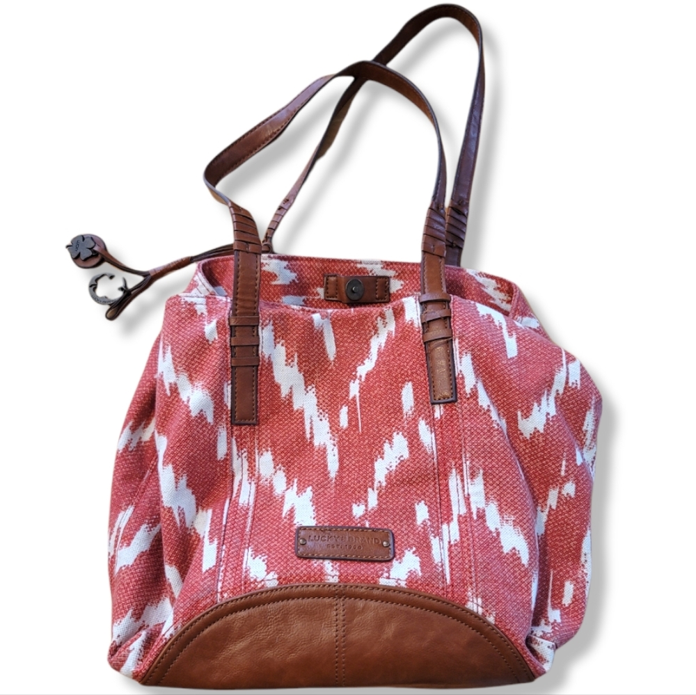 Lucky Brand red white brown canvas bucket bag